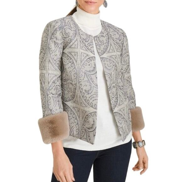 Chico's NWT Jacquard Jacket Convertible Faux Fur Cuff Cream Silver size 1P 8-10P - Picture 11 of 13